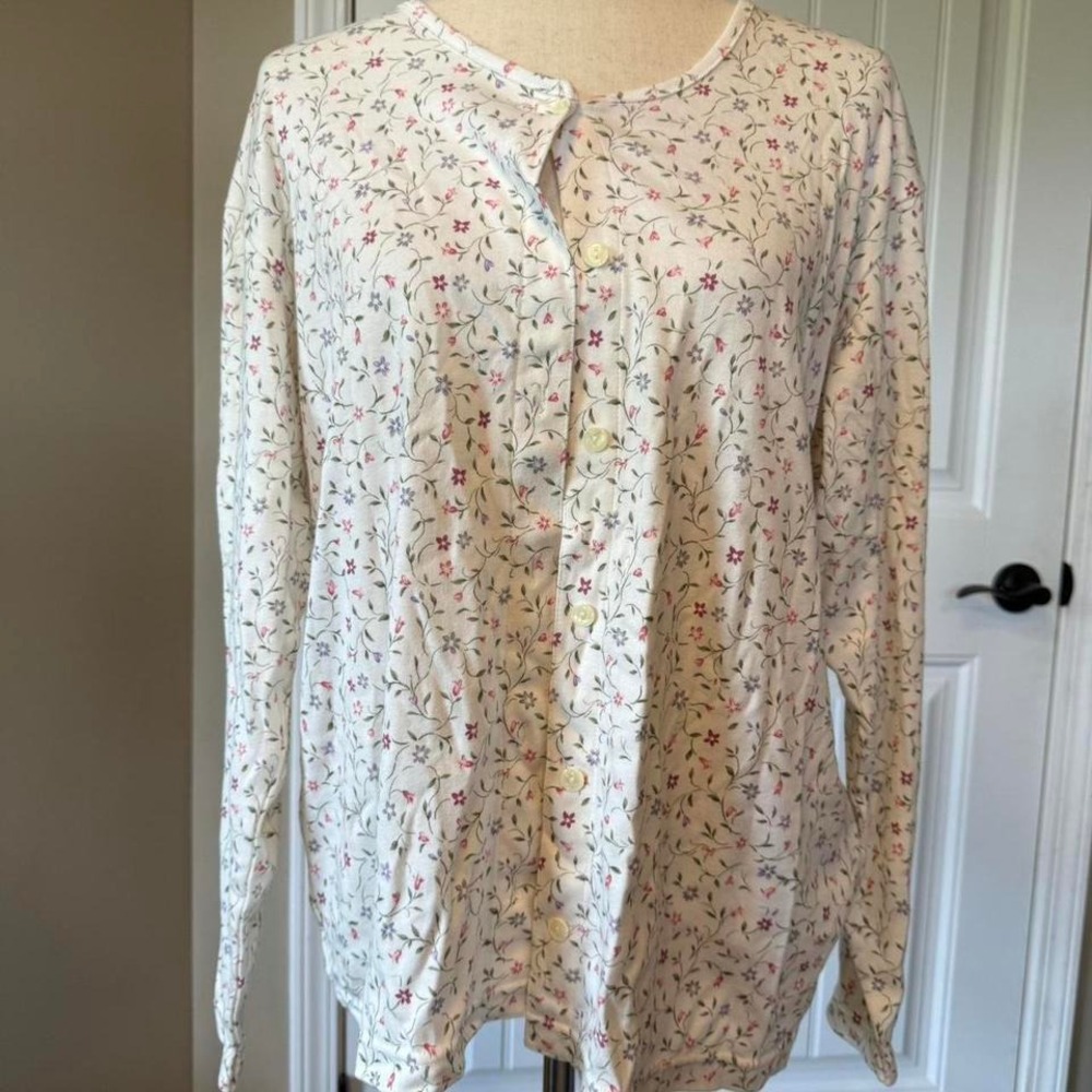 Cottage Essentials Floral Button Up Cardigan Top Cream Pink Blue Cottagecore M